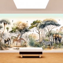 Papier peint ou murale horizontal paysage safari afrique éléphants zèbres girafes