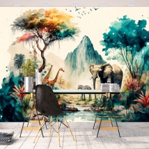 Papier peint ou murale aquarelle paysage savane éléphants zèbres montagnes