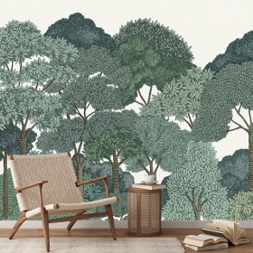 Papier peint illustration arbres forêt style vintage