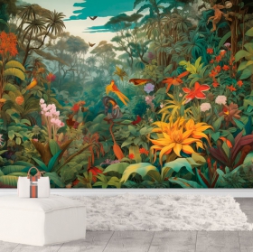 Papier peint ou murale dessin jungle tropicale avec fleurs et oiseaux pour les jeunes