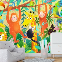 Papier peint ou murale dessin d'enfant animaux dans la jungle singes girafe panthère