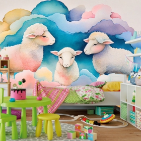 Papier peint ou peinture murale aquarelle pour enfants dessin mouton doux rêves