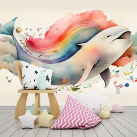 Papier peint ou peinture murale dessin pour enfants aquarelle baleine dans les nuages ​​et les arcs-en-ciel