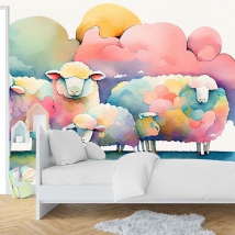Papier peint ou peinture murale aquarelle pour enfants dessin famille moutons nuages