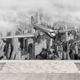 Papier peint ou murale classique avion survole new york en noir et blanc