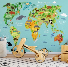 Papier peint carte du monde pour enfants avec des dessins d'animaux et d'arbres par région