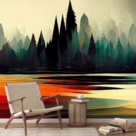 Papier peint ou murale illustration paysage lac forêt de pins jeunesse moderne