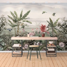 Papier peint illustration paysage tropical flamants roses plantes et oiseaux