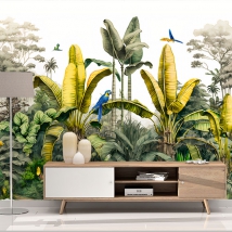 Papier peint ou peinture murale illustration de la jungle tropicale avec des aras, des papillons et des palmiers