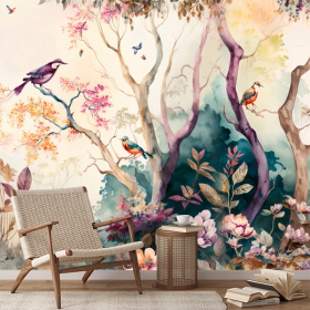 Papier peint illustration aquarelle fleurs arbres et colibri vintage