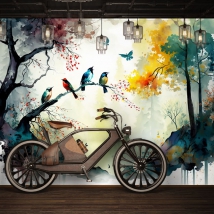 Peinture murale ou papier peint moderne aquarelle dessinant des arbres et des oiseaux