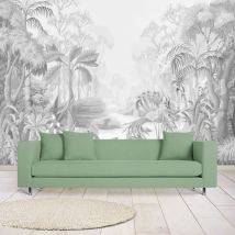 Papier peint ou peinture murale dessin jungle tropicale plantes palmiers en gris