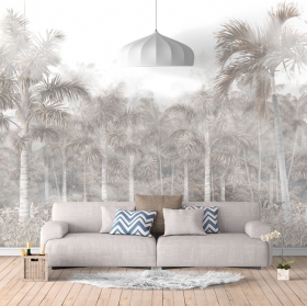 Papier peint ou peinture murale dessinant un paysage tropical avec des palmiers dans des tons sépia