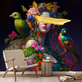 Papier peint ou papier peint peinture femme avec oiseaux et fleurs tropicales
