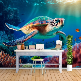 Photo murale ou papier peint illustration paysage de corail marin avec poissons et tortues au premier plan