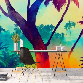 Papier peint ou murale dessin paysage tropical arbres et palmiers dégradé coloré moderne