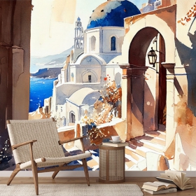 Photo murale ou papier peint dessin aquarelle paysage île grèce méditerranée