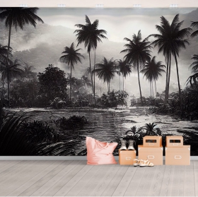 Papier peint paysage tropical noir et blanc avec palmiers et lac