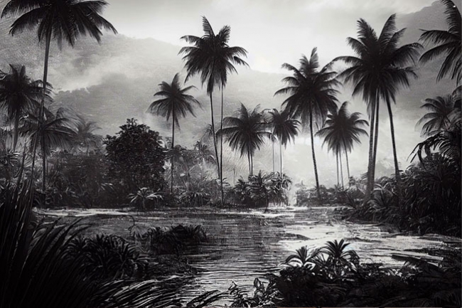 Sticker Décoratif paysage tropical avec des palmiers noir et blanc