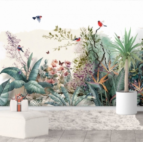 Papier peint style vintage fleurs oiseaux et plantes tropicales
