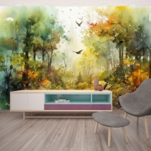 Papier peint dessin aquarelle paysage forêt en automne avec oiseaux effet de flou