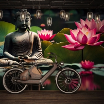 Papier peint image zen bouddha et fleurs de lotus dans un étang