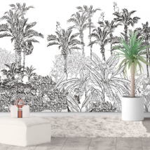 Papier peint dessin noir et blanc jungle tropicale avec palmiers et oiseaux