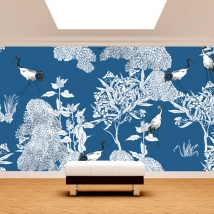 Papier peint ou murale vintage dessin fond bleu arbres et grues modernes