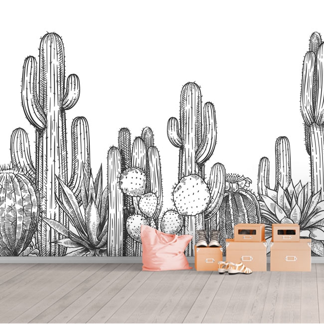 Papier peint ou peinture murale dessin de cactus horizontal noir et blanc