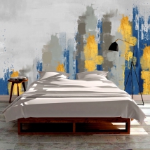 Papier peint ou murale peinture moderne gris bleu et jaune