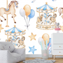 Papier peint illustration pour enfants carrousel étoiles et ballons