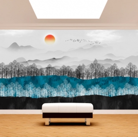 Papier peint illustration style aquarelle de montagnes d'automne avec des oiseaux