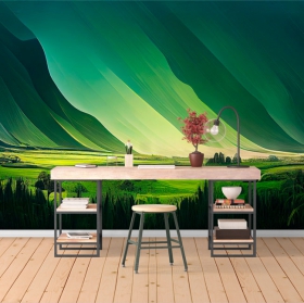 Peinture murale ou papier peint représentant un paysage d'horizon avec des montagnes et un effet de ciel