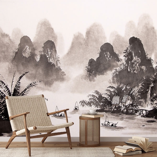 🥇 Papier peint mural encre artistique dessin de paysage asiatique 🥇