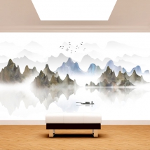 Papier peint fond paysage aquarelle lac montagnes bateau pêcheur et oiseaux