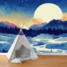 Papier peint mural aquarelle dessin paysage forestier avec pins et lune et étoiles