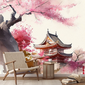 Papier peint ou peinture murale dessin de paysage japonais avec temple à l'aquarelle