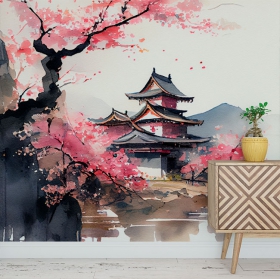 Papier peint ou illustration murale dans un paysage de temple asiatique à l'aquarelle