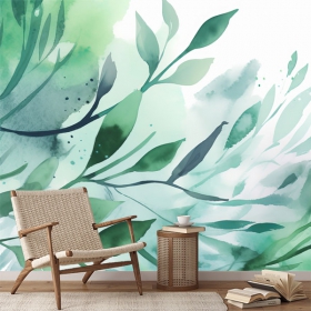 Fond d'écran ou illustration aquarelle murale de jeunes feuilles vertes pour les enfants