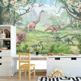 Papier peint ou murale représentant des dinosaures dans la forêt pour les enfants et les jeunes